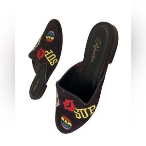 Paprika Black Velvety Mules with Colourful Embroidered Patches